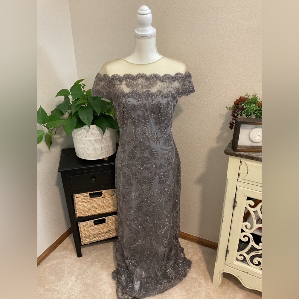 Tadashi Shoji Charcoal Lace Maxi Dress